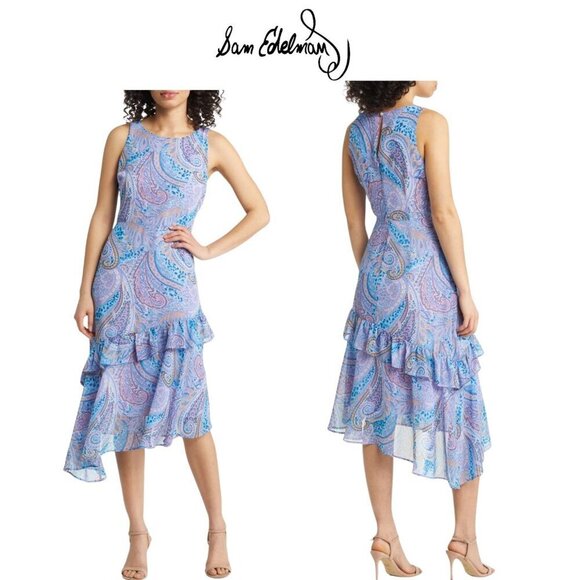 NWT Sam Edelman Summer Paisley Ruffled Midi | Blue Multi Asymmetrical Hem | Sz 4 - Picture 1 of 15